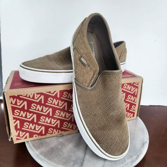 VANS Sneakers Womens 9.5 Slip On Shoes Basket Woven Pattern Desert Taupe Skate - Picture 1 of 8